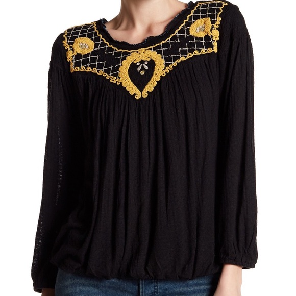 Free People Tops - ⚡️SOLD⚡️Free People Embroidered Blouson Top Black